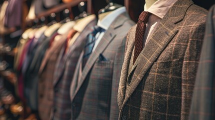 Naklejka premium An elegant men's suit on a mannequin inside a trendy boutique, emphasizing the luxury and modernity of the menswear store.