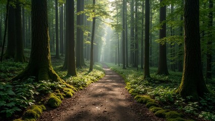 Obraz premium Enchanting forest trail with moss covered trees and sunlight filtering through canopy