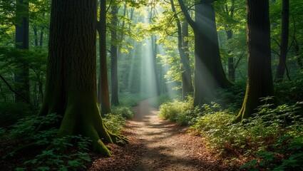 Obraz premium Enchanting forest trail with moss covered trees and sunlight filtering through canopy