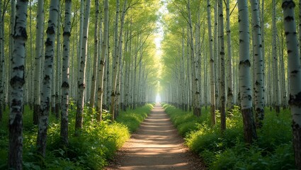 Serene birch forest trail with tall white trees and dappled sunlight