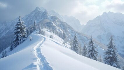 Panoramic winter mountain landscape with snowy trail and towering peaks