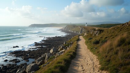 Scenic coastal path with crashing waves secluded beach and distant lighthouse