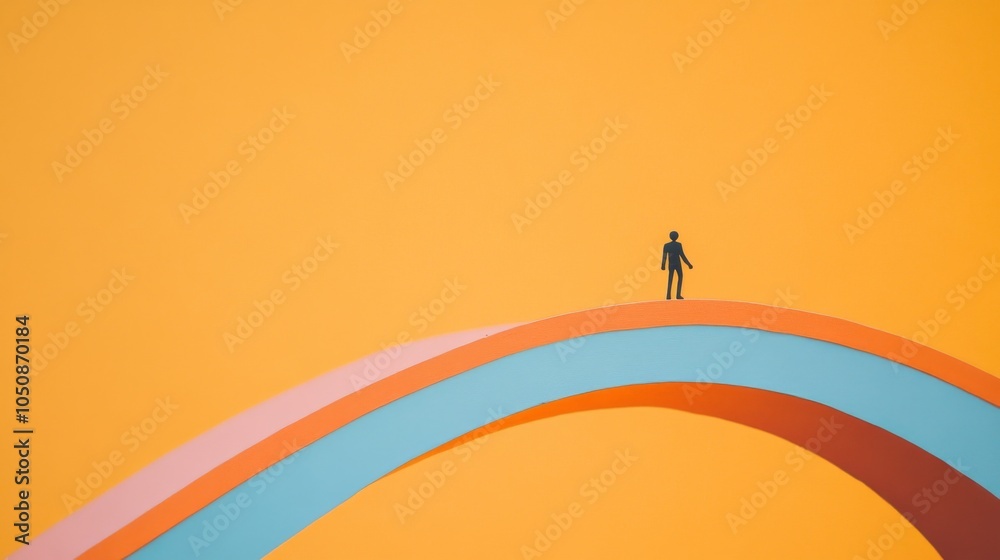 Aufkleber A small figure standing on a colorful bridge against a solid orange background representing connection and inclusivity, Highlighting the pathways created by diversity, minimalistic style