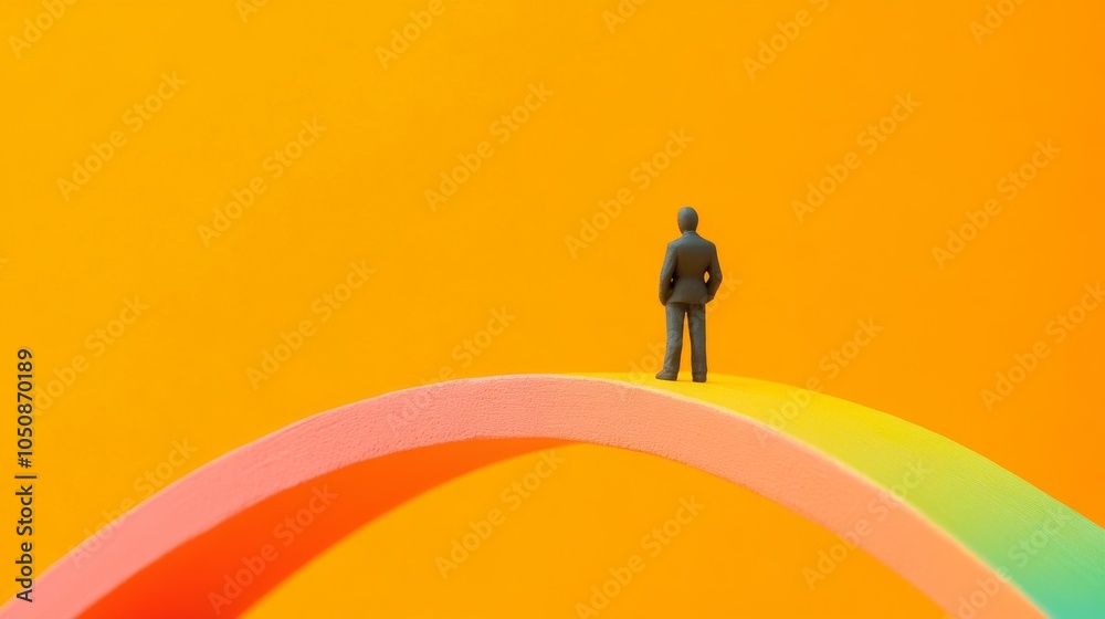 Poster A small figure standing on a colorful bridge against a solid orange background representing connection and inclusivity, Highlighting the pathways created by diversity, minimalistic style