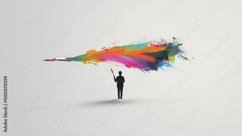 Poster a small silhouette holding a paintbrush with colorful strokes on a solid gray background representin