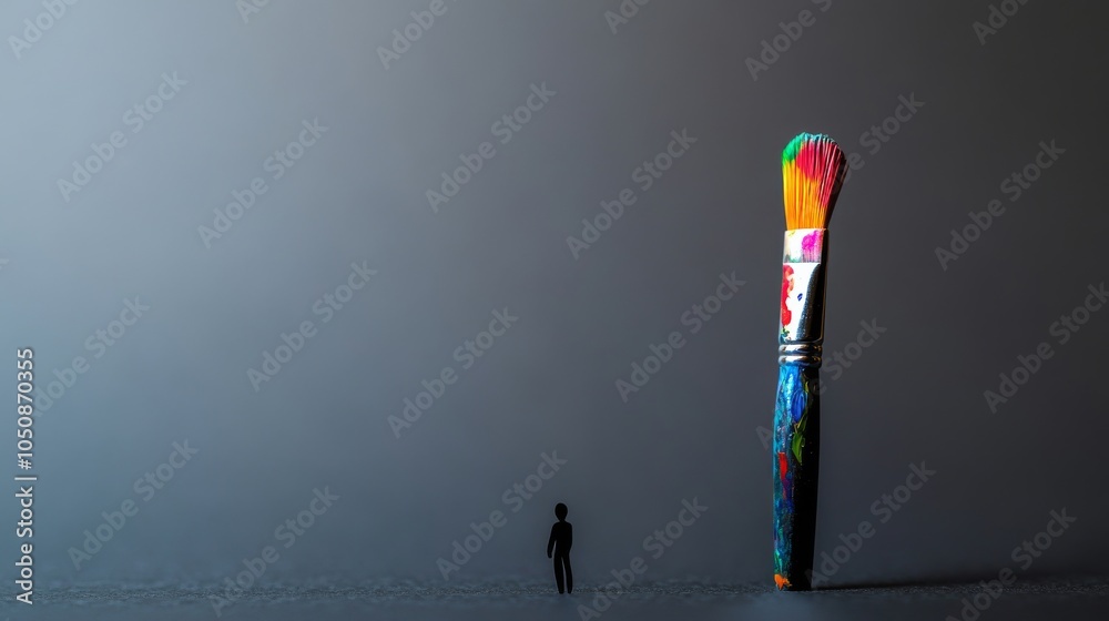 Poster a small silhouette holding a paintbrush with colorful strokes on a solid gray background representin
