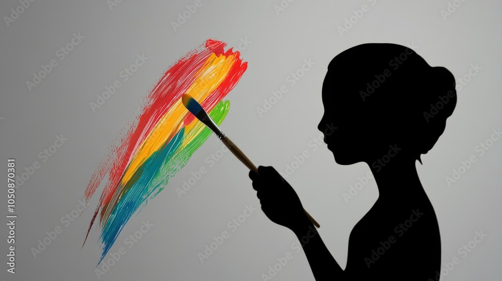Poster a small silhouette holding a paintbrush with colorful strokes on a solid gray background representin
