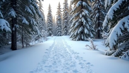 Fototapeta premium Narrow path in snowy alpine forest with faint traces of hikers