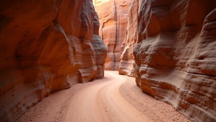 Dusty trail in red rock canyon with sunlight patches