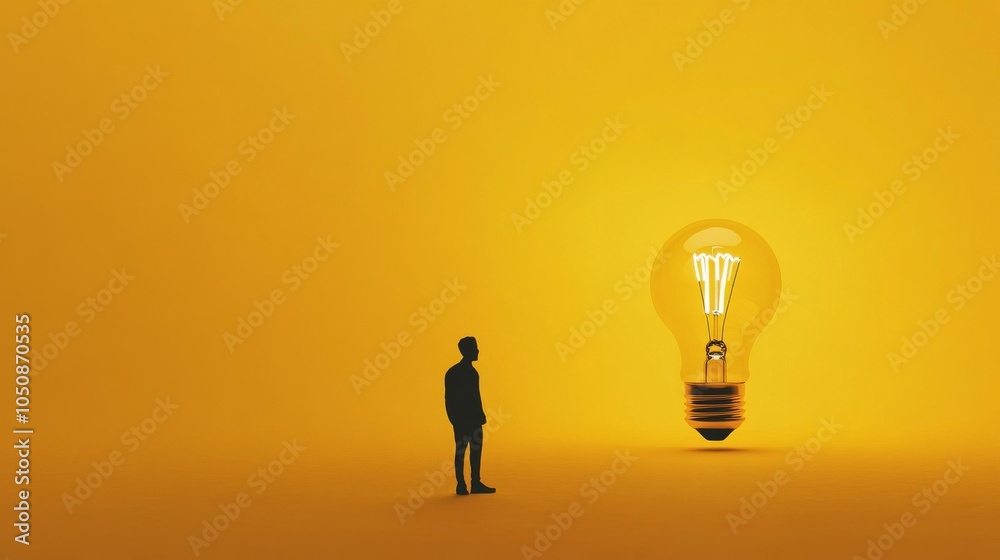 Poster a small silhouette standing under a glowing light bulb on a solid yellow background representing enl