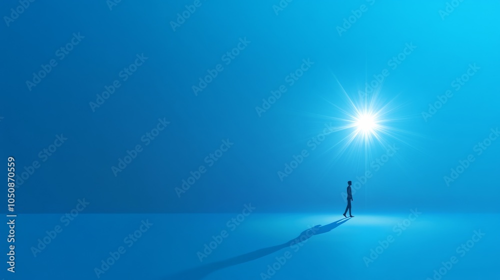 Poster a small silhouette walking towards a bright star on a solid blue background representing guidance an