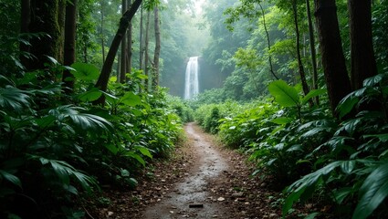 Fototapeta premium Tropical jungle path with lush vegetation waterfalls and wildlife sounds