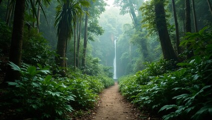 Obraz premium Tropical jungle path with lush vegetation waterfalls and wildlife sounds