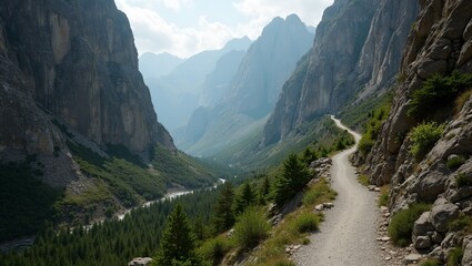 Obraz premium Scenic trail through mountain pass with sheer cliffs