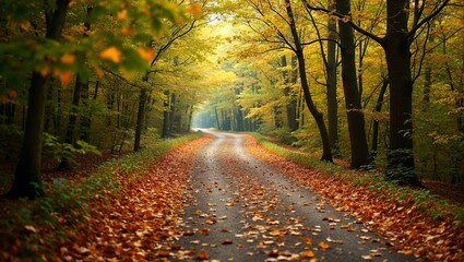 Obraz premium Serene forest path with autumn leaves and sunlight filtering through branches