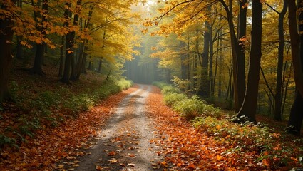 Serene forest path with autumn leaves and sunlight filtering through branches