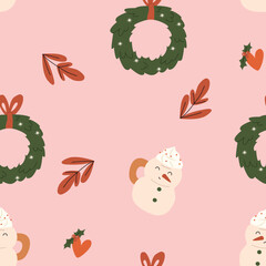 Fototapeta premium Seamless Christmas pattern with snowman and christmas wreath