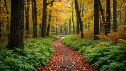 Obraz premium Serenity of autumn forest path with ferns and oaks