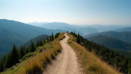 Scenic mountaintop path overlooking vast forested hills