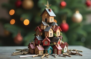 Miniature houses stacked as Christmas tree with star topper and keys at base. Indoor holiday decoration for real estate and home ownership theme
