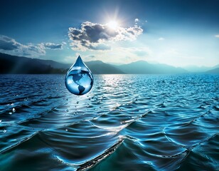 Drop of water with the planet Earth inside, falling freely into the blue sea on a day with many clouds and little sun