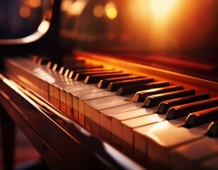 Piano in perfect condition is seen with orange flashes from the lighting of the place