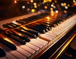 Piano in perfect condition is seen with orange flashes from the lighting of the place