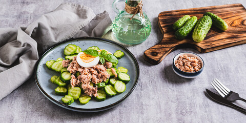 Appetizing salad of cucumber, canned tuna and egg on a plate on the table web banner