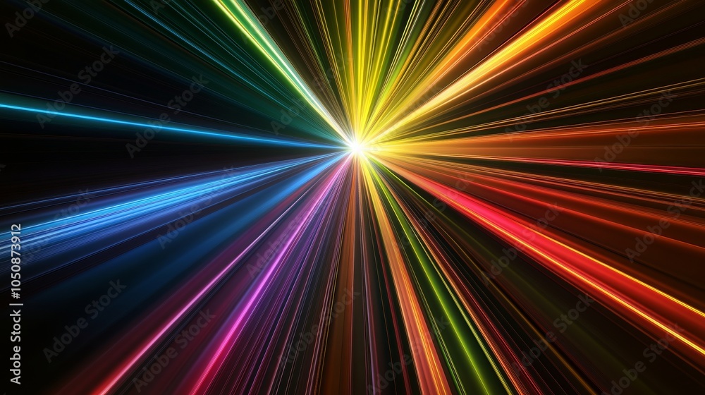 Poster A spectrum of light rays converging into a central point, symbolizing the clarity and unity achieved through diverse perspectives, photography style