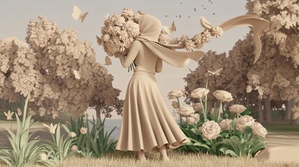 A beautiful girl in hijab with flowers in hand. Muslim girl concept for Eid