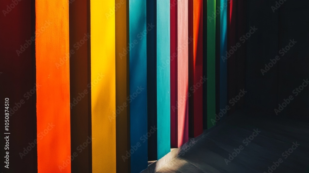 Poster A spectrum of vertical bars in a gradient of colors, representing the range of human experiences and the inclusivity of equitable practices, minimalist style