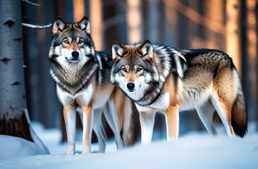 Fototapeta premium Two wolves stand next to each other in a snowy forest. The animals have beautiful gray fur.