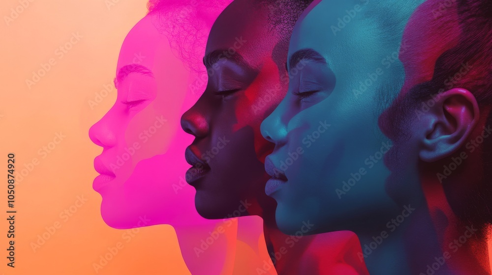 Poster A spectrum of voices, featuring abstract shapes in gradient hues, symbolizing representation and equality