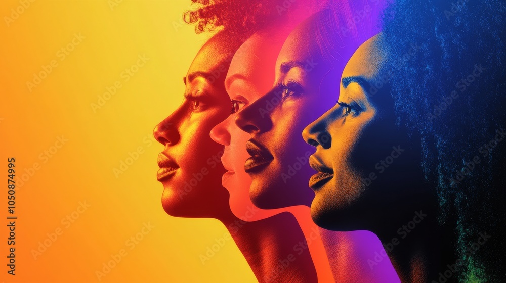 Poster A spectrum of voices, featuring abstract shapes in gradient hues, symbolizing representation and equality