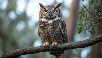 Obraz premium An owl perched on a tree branch, its glowing yellow eyes piercing through the darkness, realistic, soft lighting, muted colors
