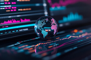 Globe placed over a screen displaying financial data and stock market analysis