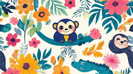Fototapeta premium Cute and cheerful jungle design featuring monkeys, sloths, and crocodiles surrounded by vibrant florals and foliage