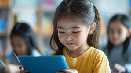 school girl computer at class in classroom, online virtual education digital program app technology during tech lesson
