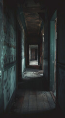 Spooky abandoned house hallway featuring dimly lit wooden floorboards, cobwebs, and eerie open doors. Concept of Halloween, horror, haunted mansion, mystery, scary atmosphere, abandonment. Vertical