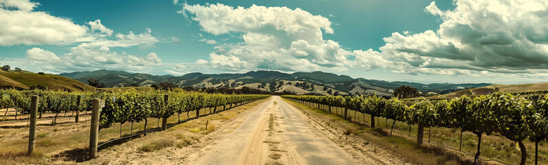 Obraz premium Vineyard Landscape Panorama at Sunset Capturing Rolling Hills and Vibrant Skies. Concept of Nature's Beauty, Serene Countryside, Winemaking. Banner, copy space