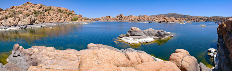 A panoramic view of Watson Lake surrounded by the boulders of Granite Dells - Prescott, AZ.