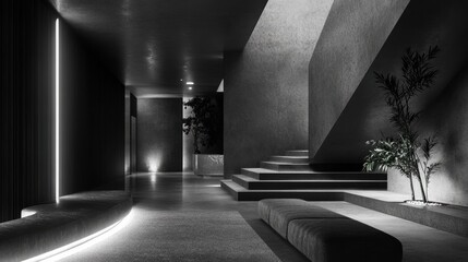 Minimalist dark interior with concrete walls, staircase, and neon lighting accents