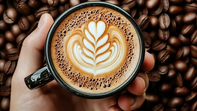 A close-up view of a cup of latte with a leaf design in the foam, held against a background of coffee beans