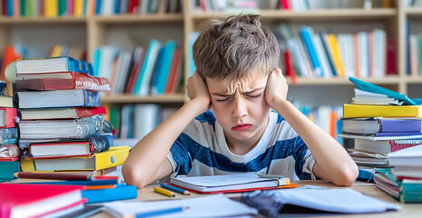 Frustrated schoolboy struggling with homework surrounded by books and stationery. His expression shows stress of academic pressure in colorful classroom setting