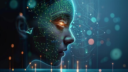 The portrait features a fusion of human and digital components, embodying cuttingedge AI technology