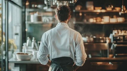 Chef in a professional kitchen, back view in white uniform