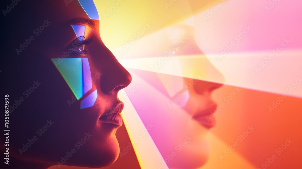 Poster A striking image of a large, multicolored prism refracting light into a spectrum of different faces, Symbolizing the diversity and clarity that comes from embracing differences