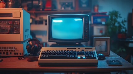Old computer keyboard with mechanical keys on a desk with a CRT monitor creating a nostalgic office setup