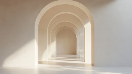 Fototapeta premium Minimalistic empty hallway with repeating white arches and soft natural lighting