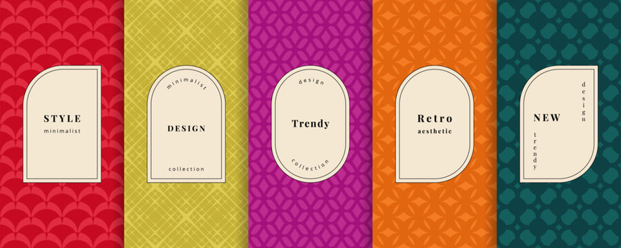 Vector geometric seamless patterns. Trending set of abstract elegant colorful backgrounds with minimal labels, frames, logo. Abstract modern retro ornament textures. Geo design for decor, banner, card
